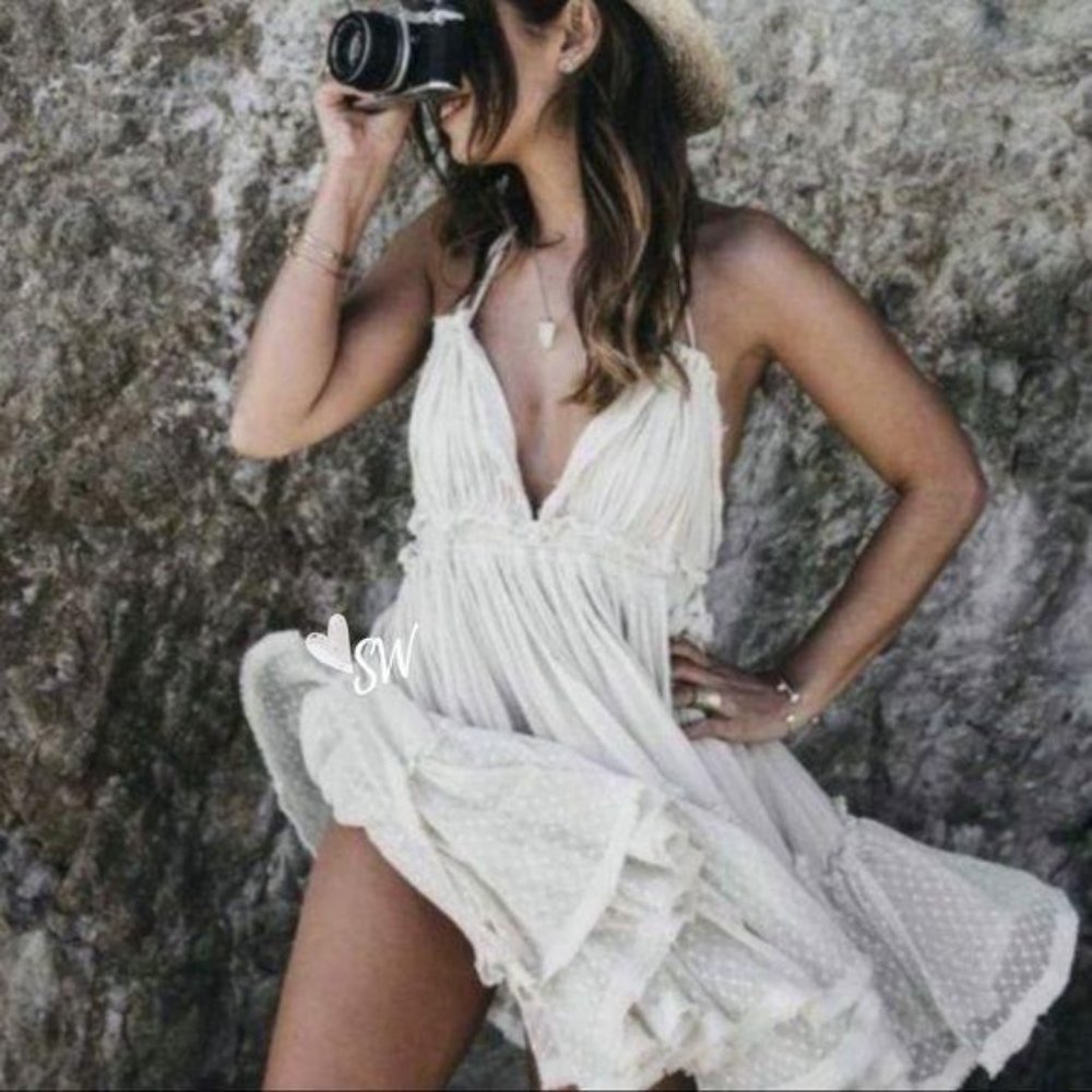 Boho Backless Swiss Dot Mini Dress Cream - Picture 4 of 6